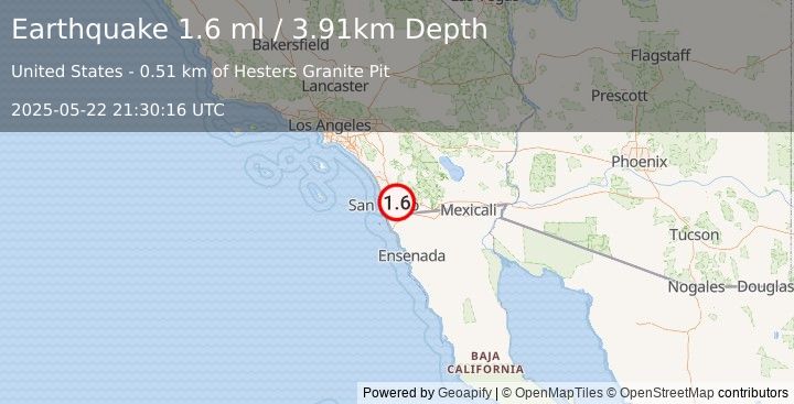 Earthquake 4 km ENE of Rancho San Diego, CA (1.6 ml) (2025-05-22 21:30:16 UTC)