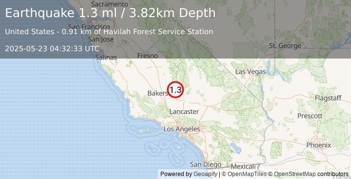 Earthquake 10 km SSW of Bodfish, CA (1.3 ml) (2025-05-23 04:32:33 UTC)