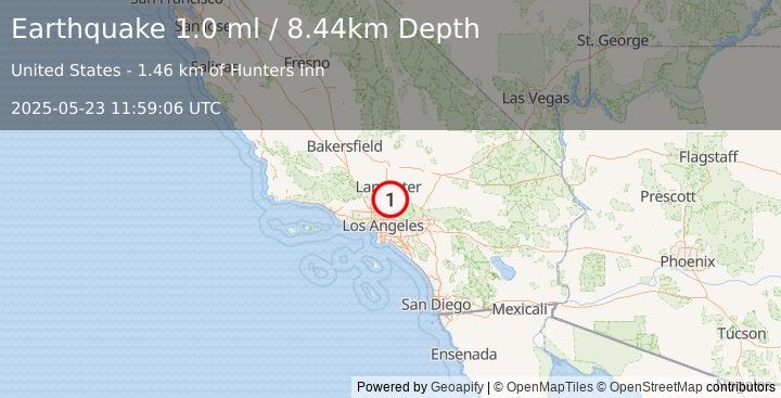 Earthquake 3 km ESE of Vincent, CA (1.0 ml) (2025-05-23 11:59:06 UTC)