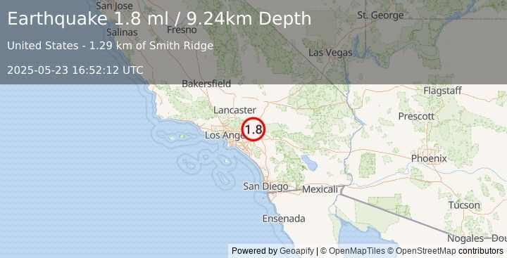 Earthquake 8 km SW of Lytle Creek, CA (1.8 ml) (2025-05-23 16:52:12 UTC)