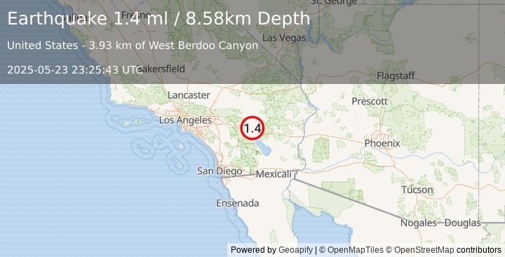 Earthquake 14 km NNE of Indio, CA (1.4 ml) (2025-05-23 23:25:43 UTC)