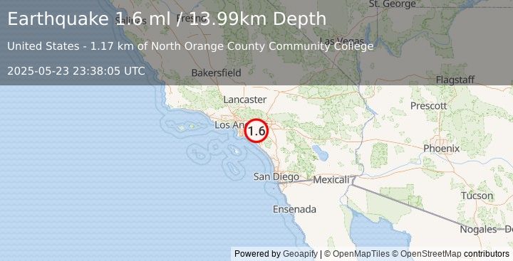 Earthquake 3 km NNE of Diamond Bar, CA (1.2 ml) (2025-05-23 23:38:08 UTC)
