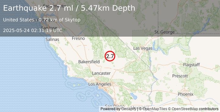 Earthquake 12 km SW of Searles Valley, CA (2.7 ml) (2025-05-24 02:31:19 UTC)