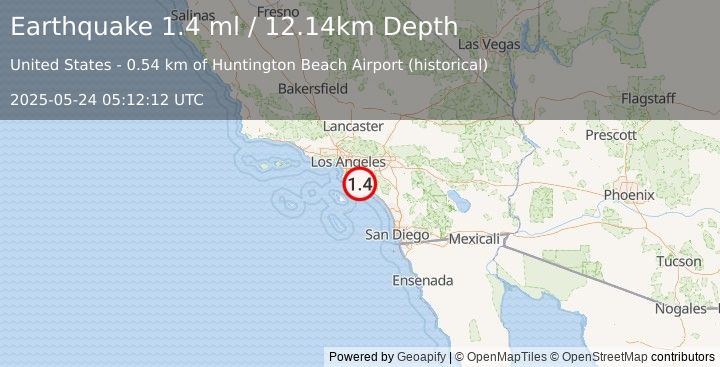 Earthquake 6 km S of Huntington Beach, CA (1.4 ml) (2025-05-24 05:12:11 UTC)