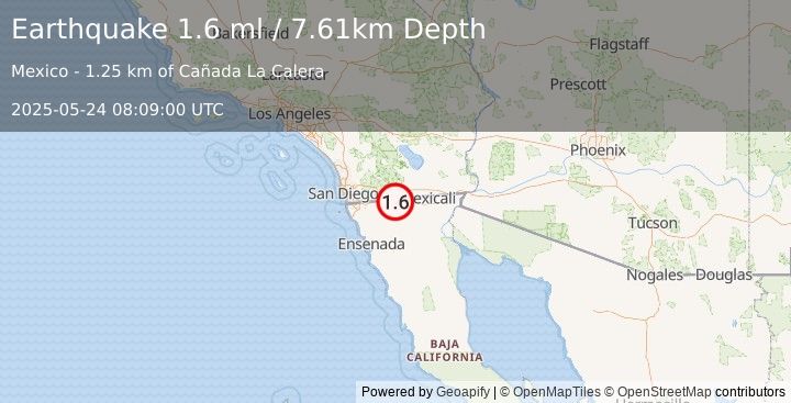 Earthquake 21 km SW of Ocotillo, CA (1.6 ml) (2025-05-24 08:09:00 UTC)