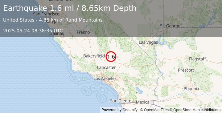 Earthquake 16 km WSW of Johannesburg, CA (1.6 ml) (2025-05-24 08:38:35 UTC)