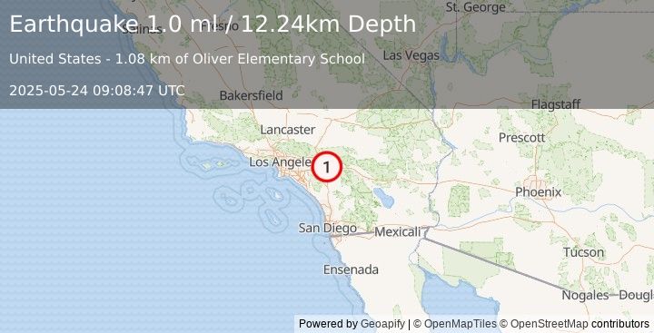Earthquake 5 km NE of Moreno Valley, CA (1.0 ml) (2025-05-24 09:08:47 UTC)