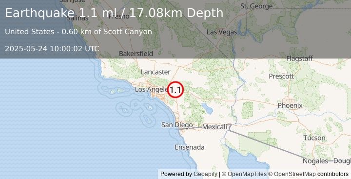 Earthquake 2 km ESE of Loma Linda, CA (1.1 ml) (2025-05-24 10:00:02 UTC)