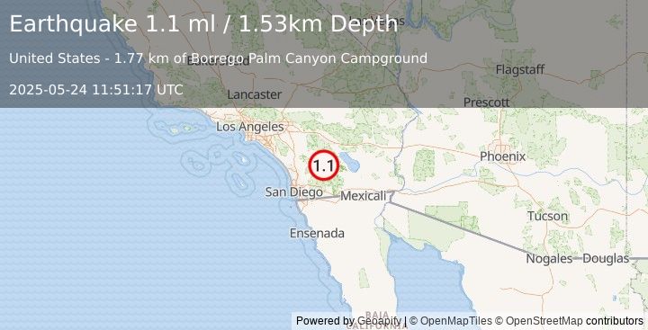 Earthquake 6 km W of Borrego Springs, CA (1.1 ml) (2025-05-24 11:51:17 UTC)
