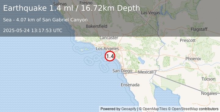 Earthquake 7 km S of Huntington Beach, CA (1.5 ml) (2025-05-24 13:17:54 UTC)
