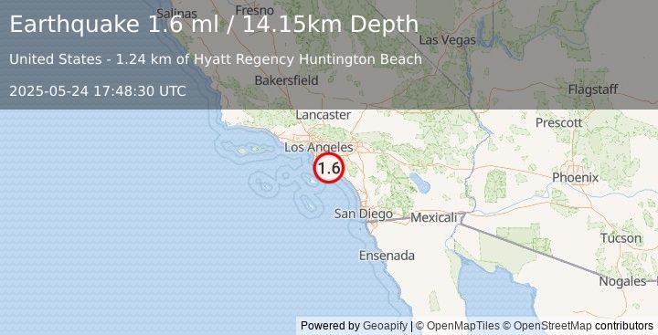 Earthquake 6 km S of Huntington Beach, CA (1.6 ml) (2025-05-24 17:48:30 UTC)
