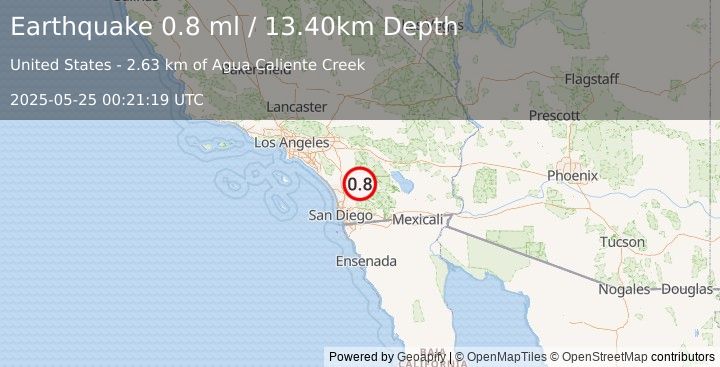 Earthquake 6 km NNE of Lake Henshaw, CA (0.8 ml) (2025-05-25 00:21:19 UTC)