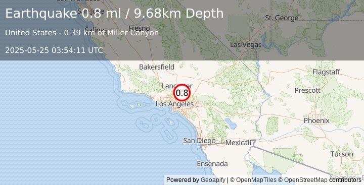 Earthquake 6 km S of Pearblossom, CA (0.8 ml) (2025-05-25 03:54:11 UTC)