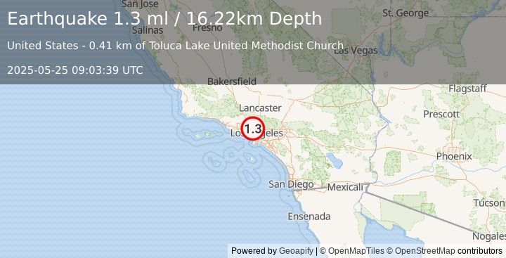 Earthquake 1 km NNW of Universal City, CA (1.3 ml) (2025-05-25 09:03:39 UTC)