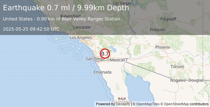 Earthquake 18 km ESE of Julian, CA (0.7 ml) (2025-05-25 09:42:50 UTC)