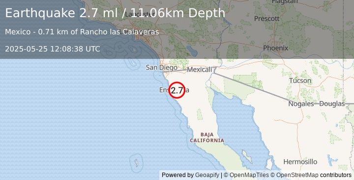 Earthquake 14 km E of Ensenada, B.C., MX (2.7 ml) (2025-05-25 12:08:38 UTC)