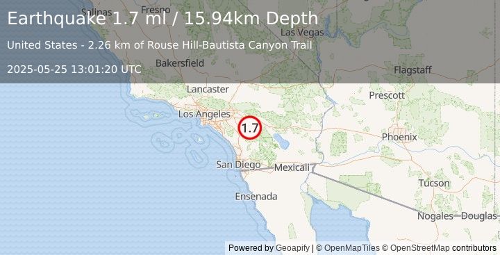 Earthquake 9 km SW of Idyllwild, CA (1.7 ml) (2025-05-25 13:01:20 UTC)