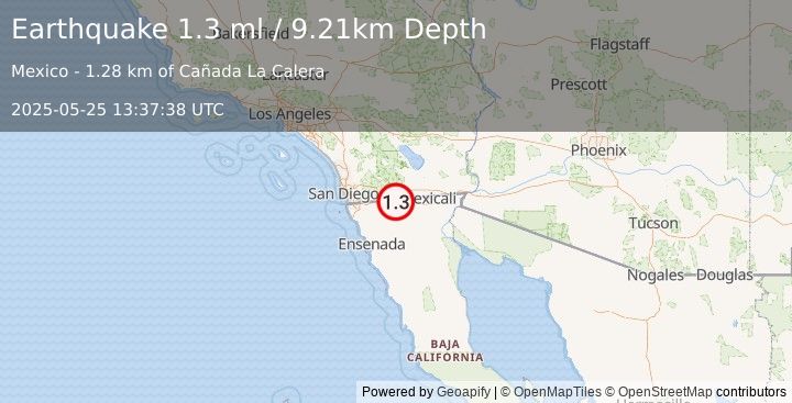 Earthquake 21 km SW of Ocotillo, CA (1.3 ml) (2025-05-25 13:37:39 UTC)