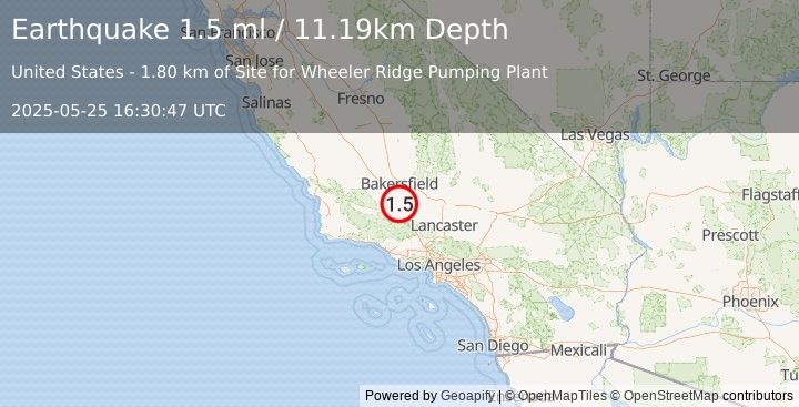 Earthquake 14 km NW of Grapevine, CA (1.5 ml) (2025-05-25 16:30:47 UTC)