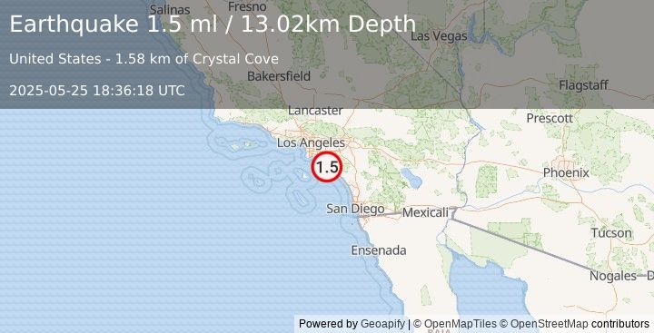 Earthquake 6 km SSW of San Joaquin Hills, CA (1.5 ml) (2025-05-25 18:36:18 UTC)