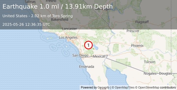 Earthquake 23 km SSW of La Quinta, CA (1.0 ml) (2025-05-26 12:36:35 UTC)