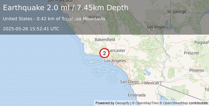 Earthquake 19 km NW of Fillmore, CA (2.0 ml) (2025-05-26 15:52:41 UTC)
