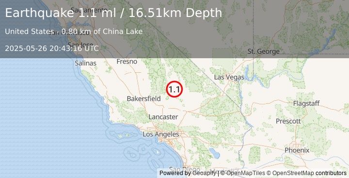 Earthquake 12 km NNE of Ridgecrest, CA (1.1 ml) (2025-05-26 20:43:16 UTC)
