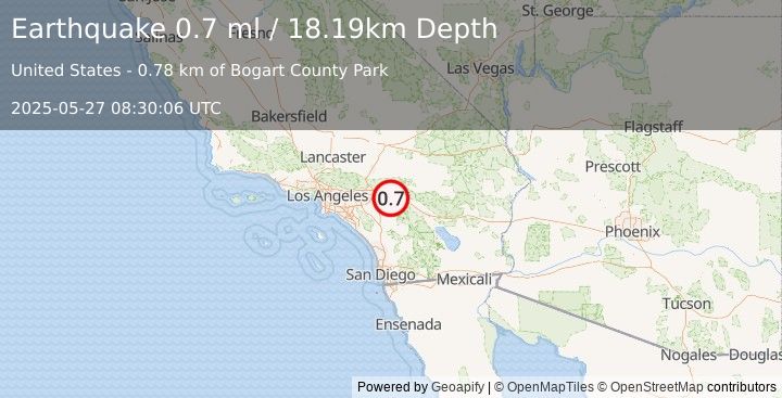 Earthquake 7 km NNE of Beaumont, CA (0.7 ml) (2025-05-27 08:30:06 UTC)