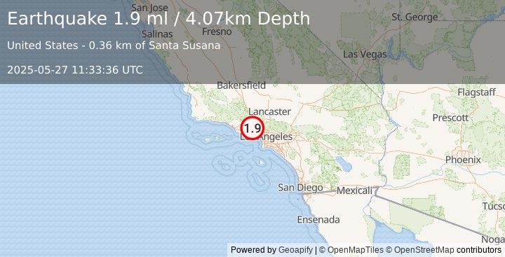 Earthquake 6 km W of Chatsworth, CA (1.9 ml) (2025-05-27 11:33:36 UTC)