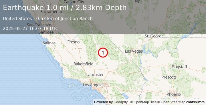 Earthquake 36 km NNW of Searles Valley, CA (1.0 ml) (2025-05-27 16:03:18 UTC)