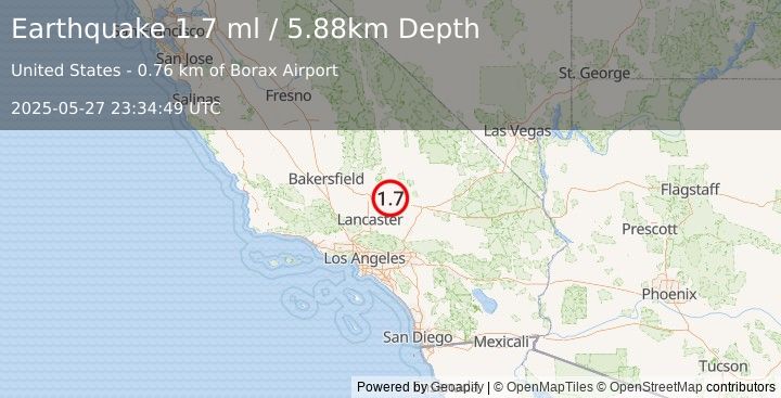 Earthquake 5 km NW of Boron, CA (1.6 ml) (2025-05-27 23:34:48 UTC)