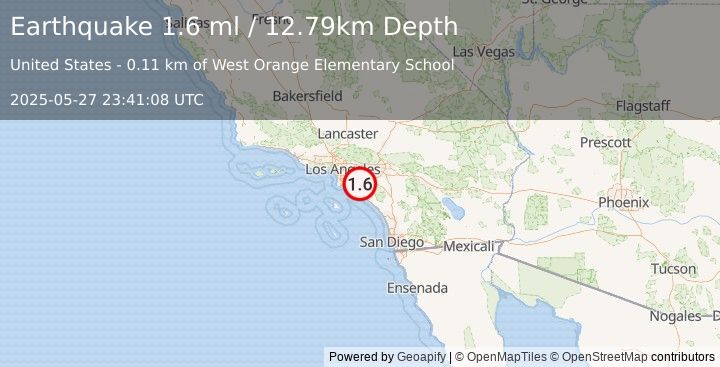 Earthquake 3 km SSW of Yorba Linda, CA (1.6 ml) (2025-05-27 23:41:09 UTC)