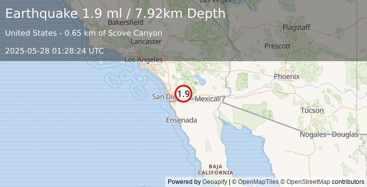 Earthquake 1 km ENE of Pine Valley, CA (1.9 ml) (2025-05-28 01:28:24 UTC)