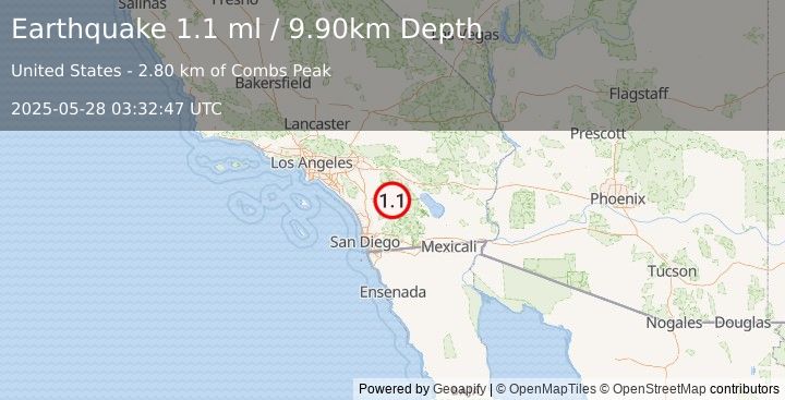 Earthquake 15 km N of Warner Springs, CA (1.1 ml) (2025-05-28 03:32:47 UTC)