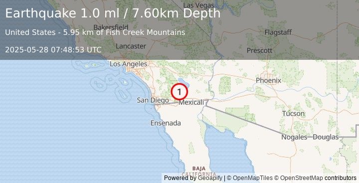 Earthquake 18 km SE of Ocotillo Wells, CA (1.0 ml) (2025-05-28 07:48:53 UTC)