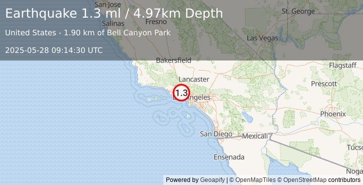 Earthquake 4 km NW of West Hills, CA (1.3 ml) (2025-05-28 09:14:30 UTC)