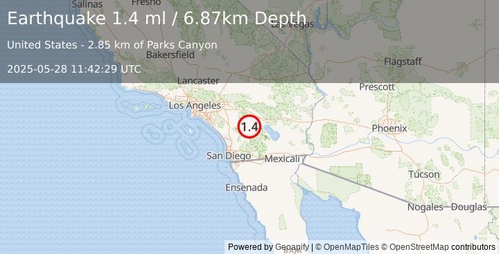 Earthquake 18 km ESE of Anza, CA (1.4 ml) (2025-05-28 11:42:29 UTC)