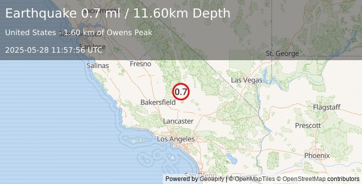 Earthquake 21 km WNW of Inyokern, CA (0.7 ml) (2025-05-28 11:57:56 UTC)