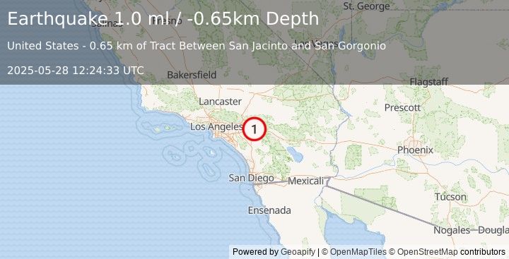 Earthquake 2 km SSW of Calimesa, CA (1.0 ml) (2025-05-28 12:24:33 UTC)