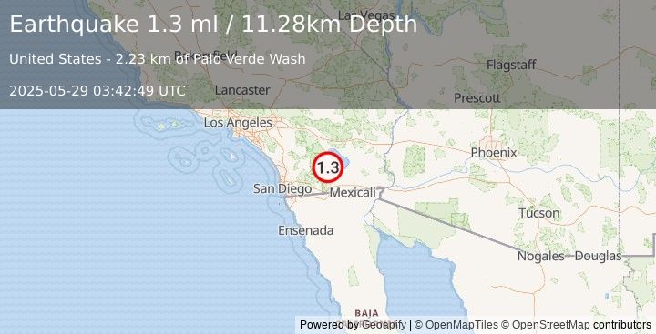 Earthquake 6 km E of Ocotillo Wells, CA (1.3 ml) (2025-05-29 03:42:49 UTC)