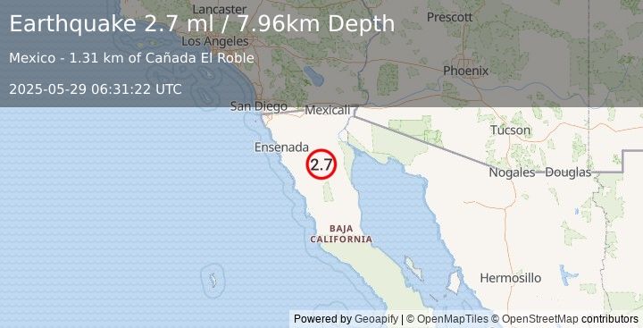 Earthquake 91 km SSW of Alberto Oviedo Mota, B.C., MX (2.7 ml) (2025-05-29 06:31:22 UTC)
