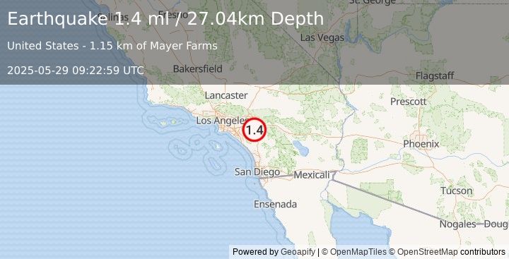 Earthquake 4 km NNW of Perris, CA (1.4 ml) (2025-05-29 09:22:59 UTC)