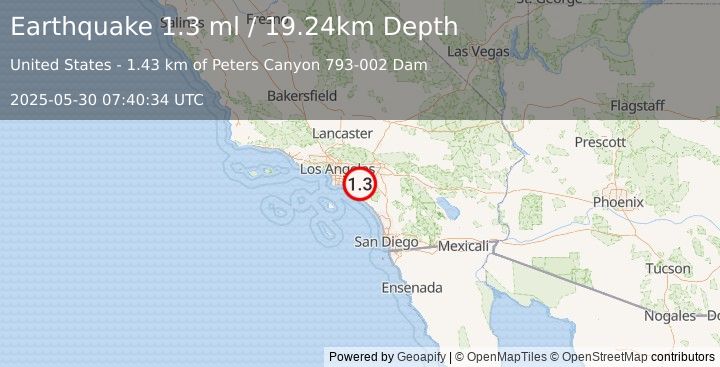 Earthquake 5 km ENE of North Tustin, CA (1.3 ml) (2025-05-30 07:40:34 UTC)