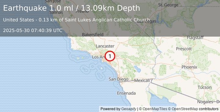 Earthquake 1 km W of La Verne, CA (1.0 ml) (2025-05-30 07:40:39 UTC)