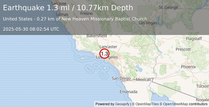 Earthquake 1 km NNW of Pacoima, CA (1.3 ml) (2025-05-30 08:02:54 UTC)