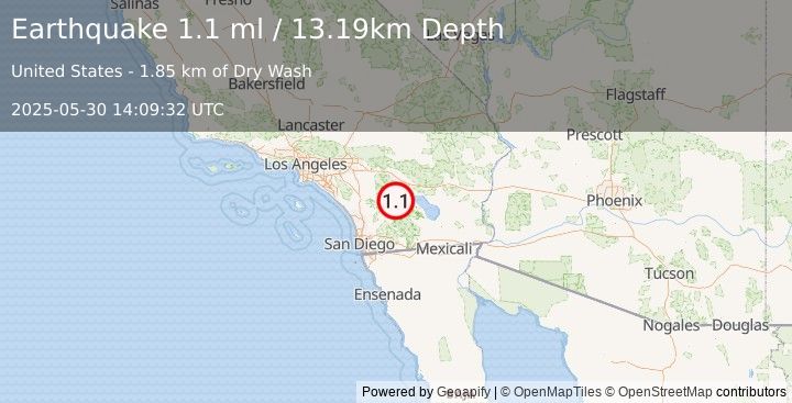 Earthquake 19 km NNW of Borrego Springs, CA (1.1 ml) (2025-05-30 14:09:32 UTC)
