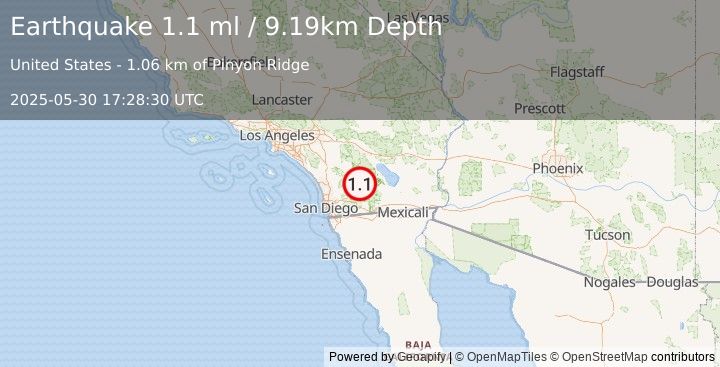 Earthquake 11 km SSW of Borrego Springs, CA (1.1 ml) (2025-05-30 17:28:30 UTC)