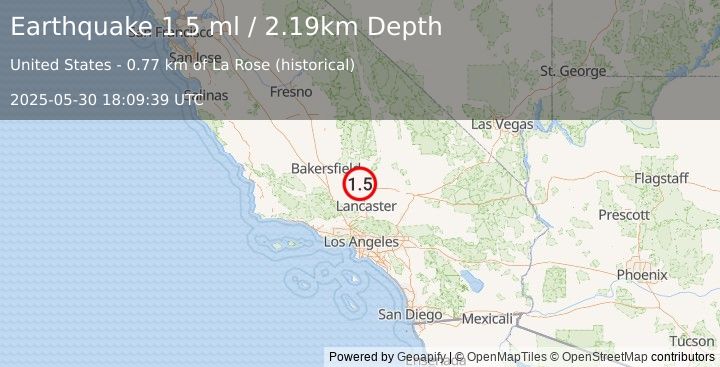 Earthquake 10 km WNW of Mojave, CA (1.4 ml) (2025-05-30 18:09:40 UTC)
