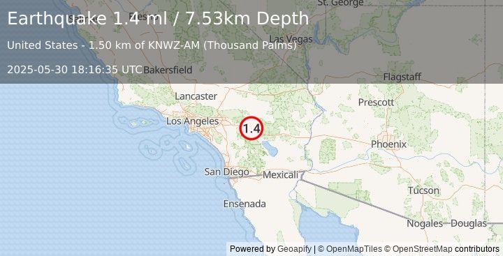 Earthquake 5 km N of Thousand Palms, CA (1.4 ml) (2025-05-30 18:16:35 UTC)