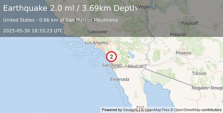 Earthquake 6 km ENE of Vista, CA (2.0 ml) (2025-05-30 18:33:23 UTC)